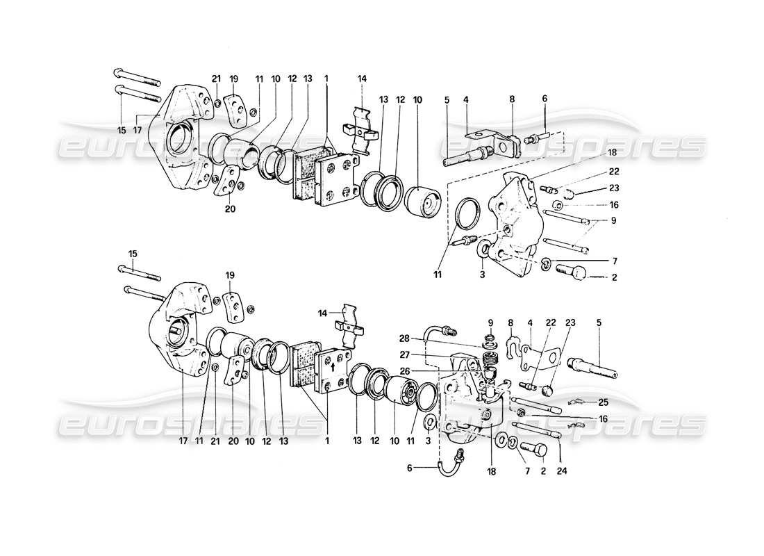 ferrari 308 quattrovalvole (1985) diagrama de piezas de pinzas para frenos delanteros y traseros