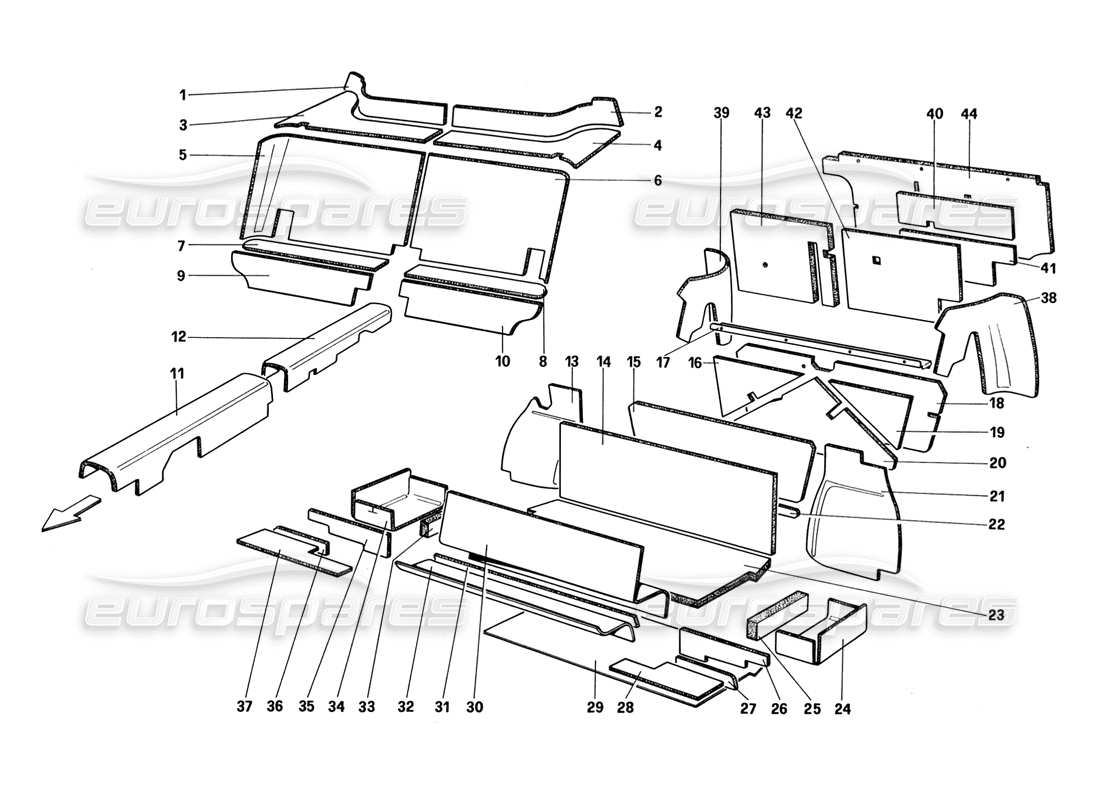 ferrari 328 (1988) diagrama de piezas del aislamiento del compartimiento de pasajeros y equipaje (hasta el número de automóvil 66965 - no para ee. uu. - aus - ch87 - sa - j)