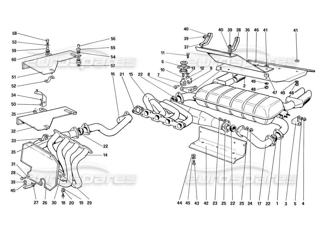 ferrari 328 (1988) diagrama de piezas del sistema de escape (no para ee. uu., sa, versiones ch87 y ch88)