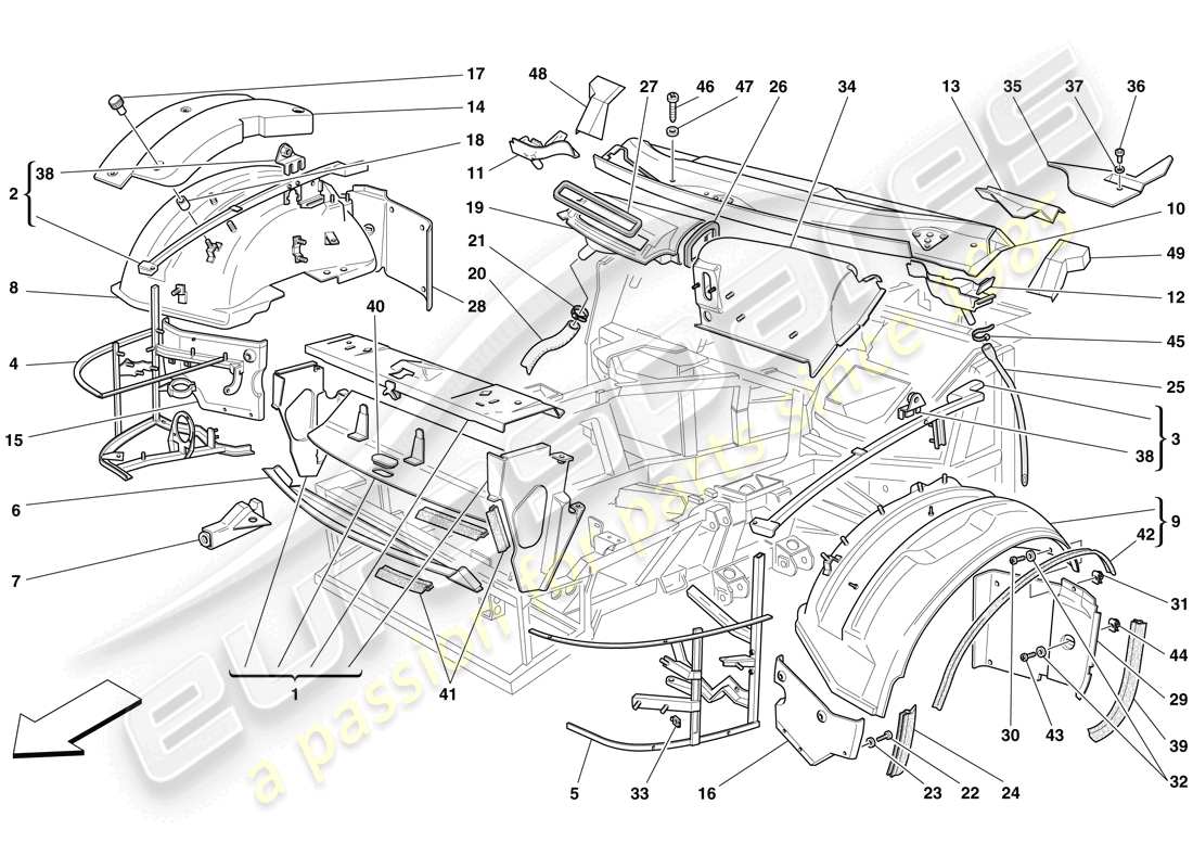 ferrari 575 superamerica diagrama de piezas de estructuras y componentes frontales
