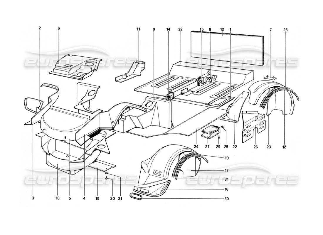 ferrari 512 bbi carrocería - diagrama de piezas de elementos interiores