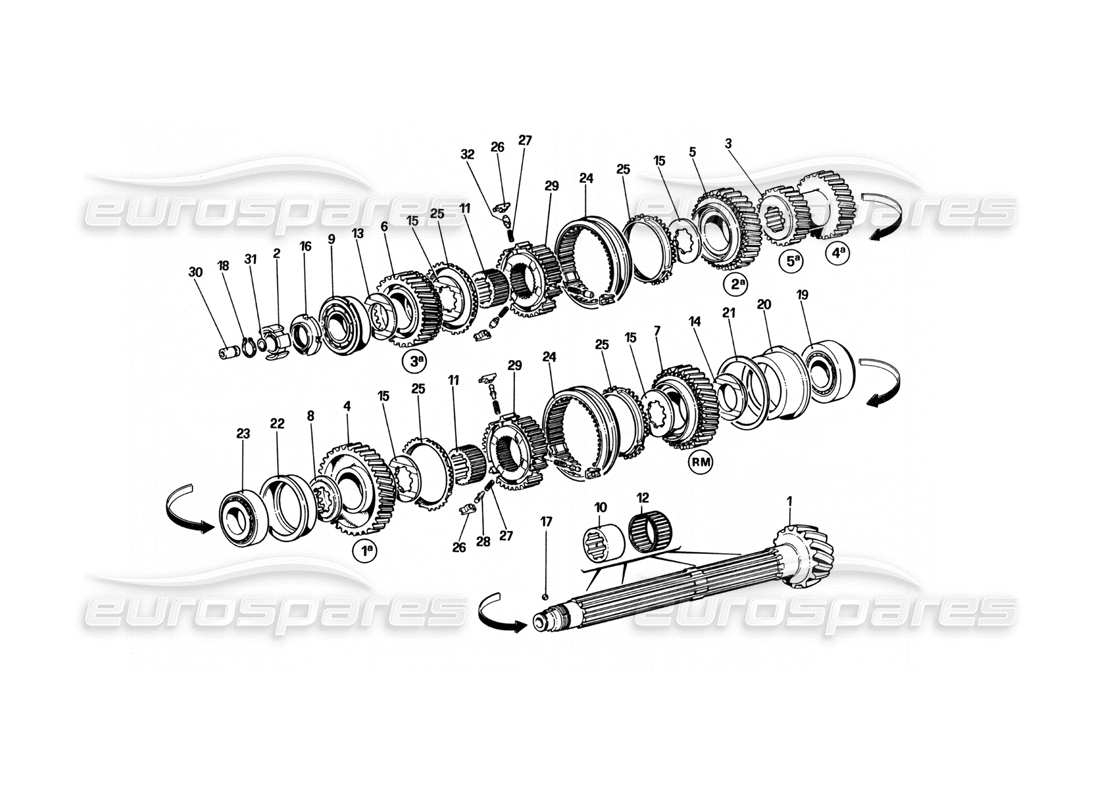 ferrari 512 bbi diagrama de piezas de engranajes del eje de apoyo