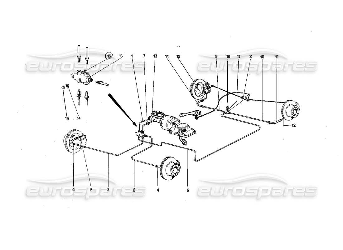 ferrari 308 quattrovalvole (1985) diagrama de piezas del sistema de frenos