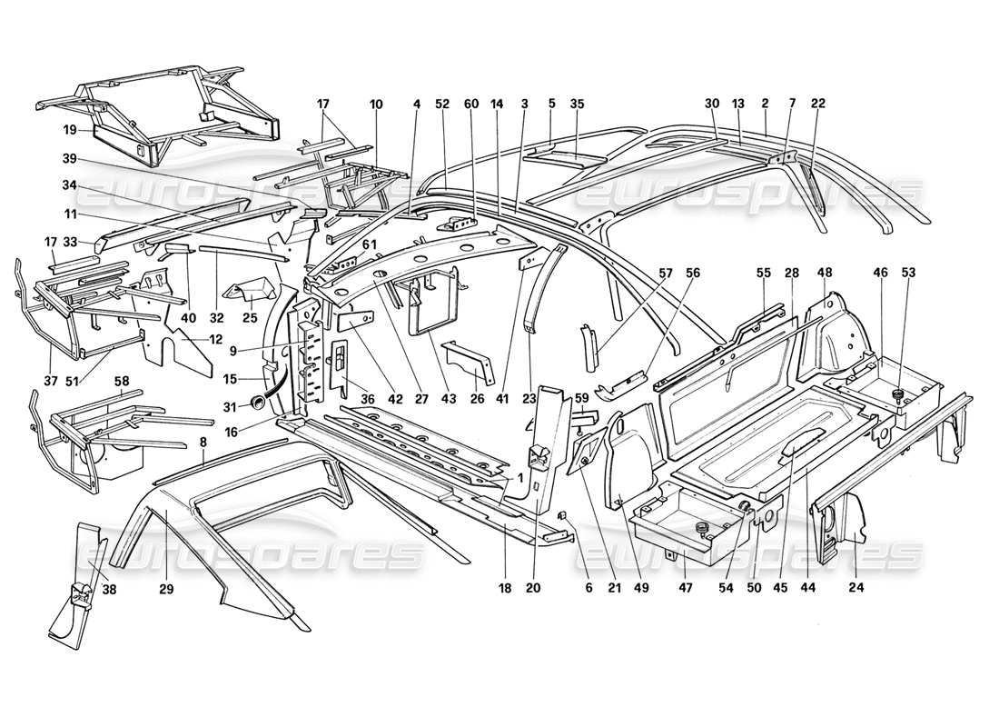 ferrari 328 (1988) body shell - inner elements (for us - sa - j) part diagram