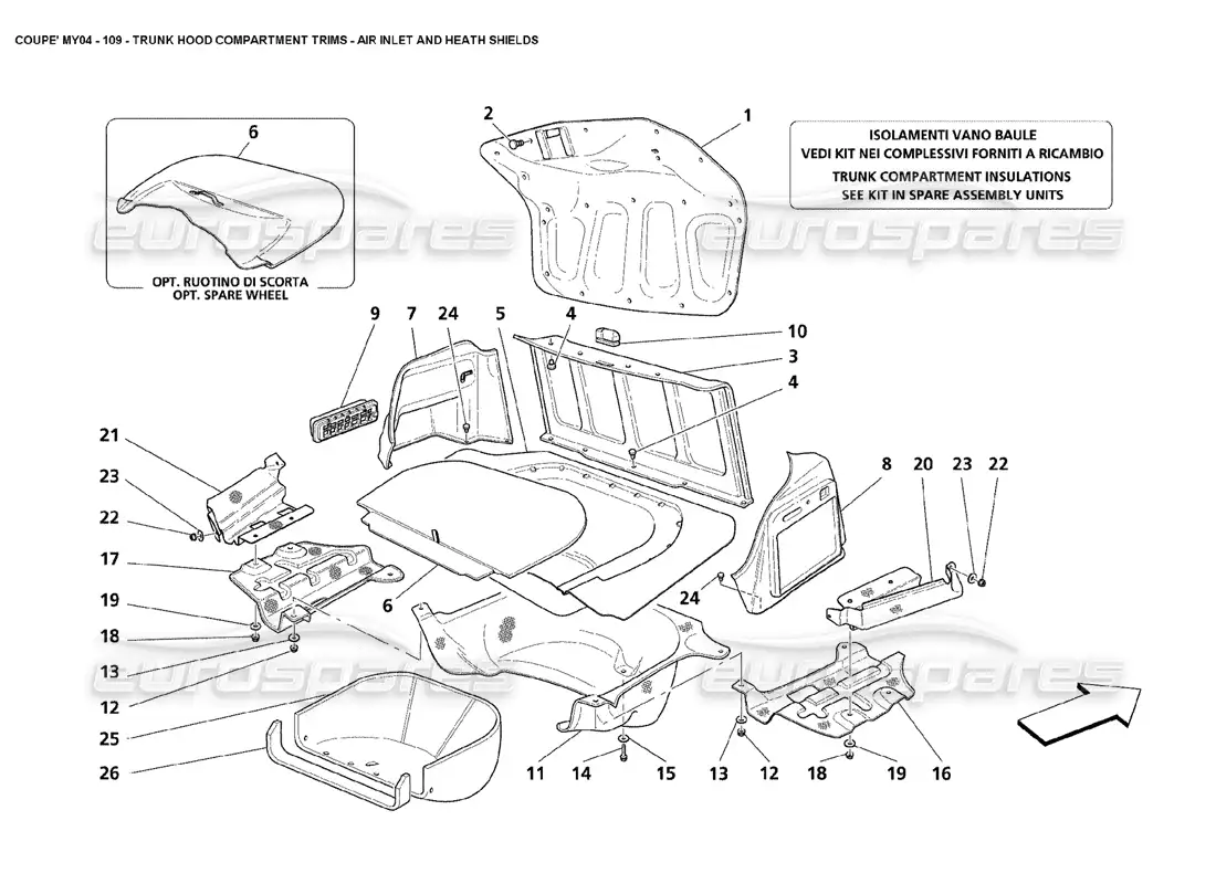 maserati 4200 coupe (2004) embellecedores del compartimento del capó del maletero entrada de aire y protectores contra la salud diagrama de piezas
