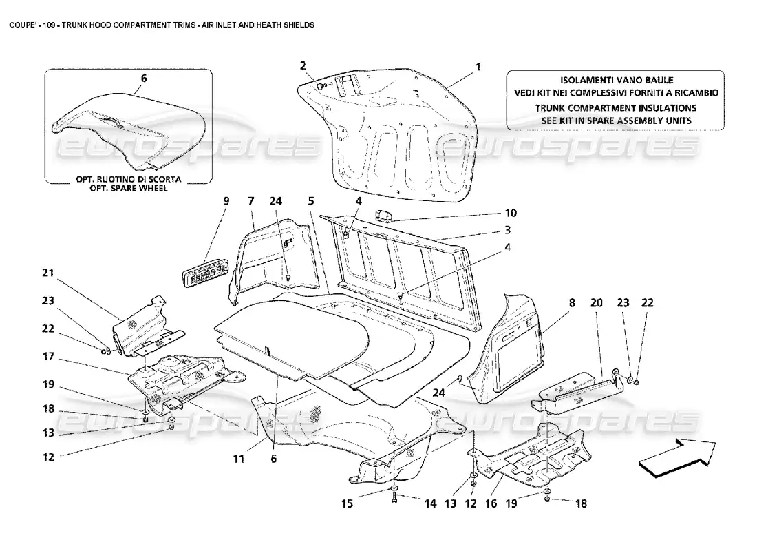 maserati 4200 coupe (2002) embellecedores del compartimento del capó del maletero: entrada de aire y protectores contra la salud diagrama de piezas