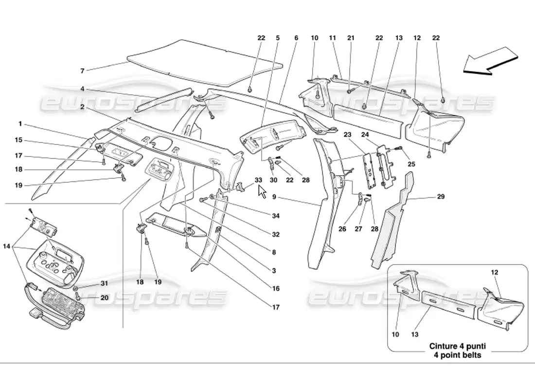 ferrari 360 modena tapicería y accesorios para paneles de techo diagrama de piezas