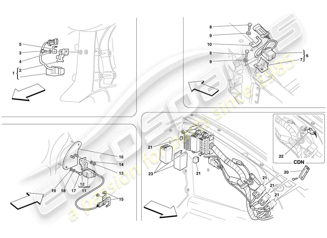 ferrari f430 spider (rhd) ecu y sensores en el compartimiento delantero y en el compartimiento del motor diagrama de piezas