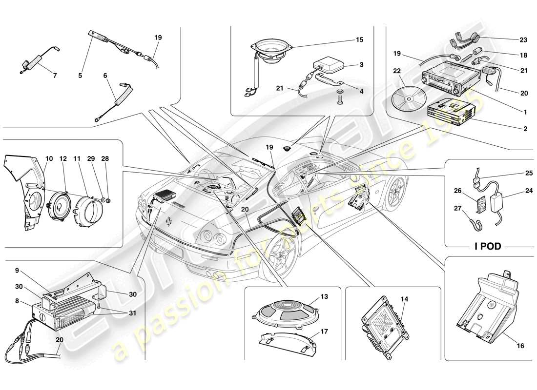 ferrari 612 scaglietti (rhd) audio - diagrama de piezas del sistema gps