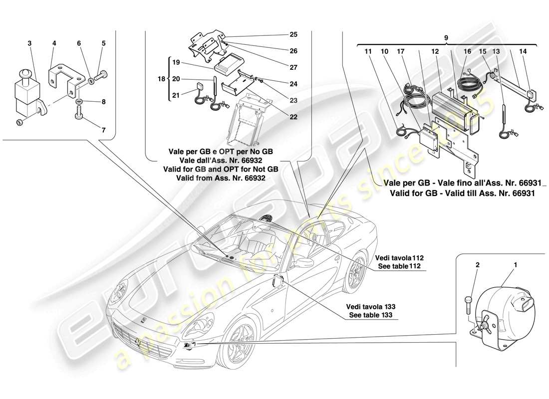 ferrari 612 scaglietti (rhd) ecu y dispositivos del sistema antirrobo diagrama de piezas