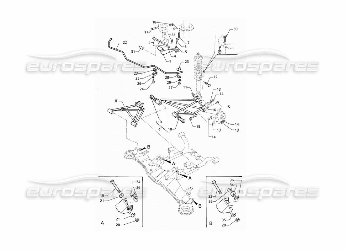 maserati qtp v6 (1996) diagrama de piezas de modificación del poste de suspensión trasera y barra estabilizadora