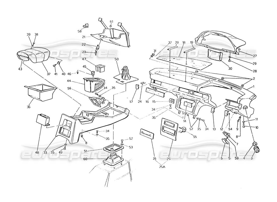 maserati karif 2.8 diagrama de piezas del panel de instrumentos y la consola (coches con dirección derecha)