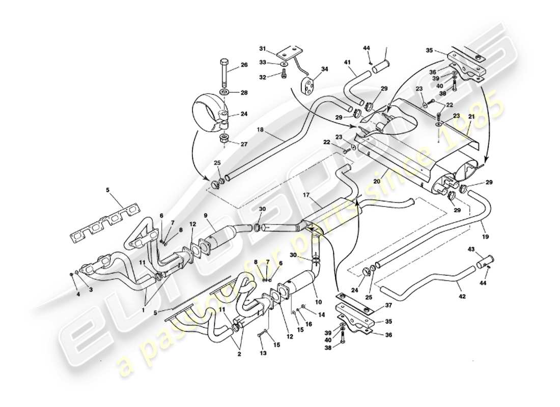 aston martin v8 volante (1999) diagrama de piezas del sistema de escape