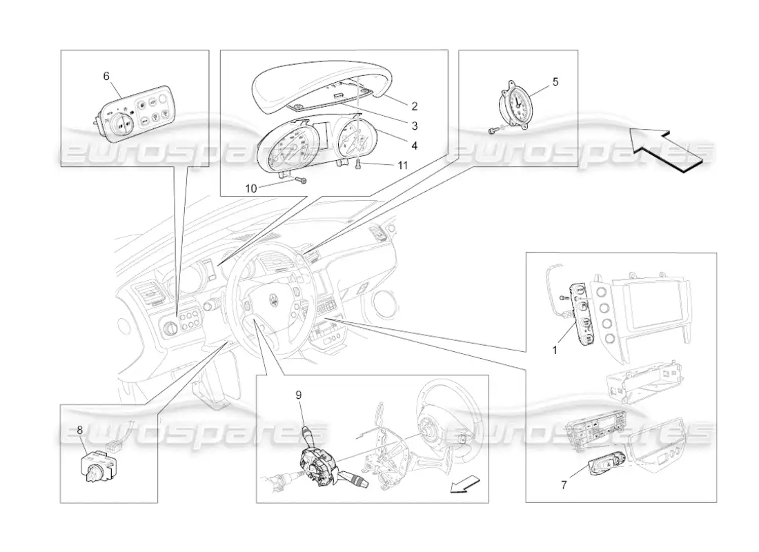 maserati grancabrio (2011) 4.7 diagrama de piezas de los dispositivos del tablero