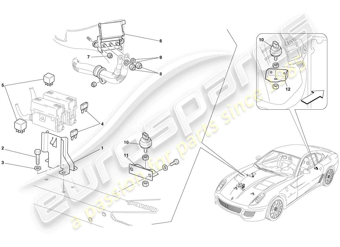 ferrari 599 gto (usa) ecu del compartimiento del motor diagrama de piezas