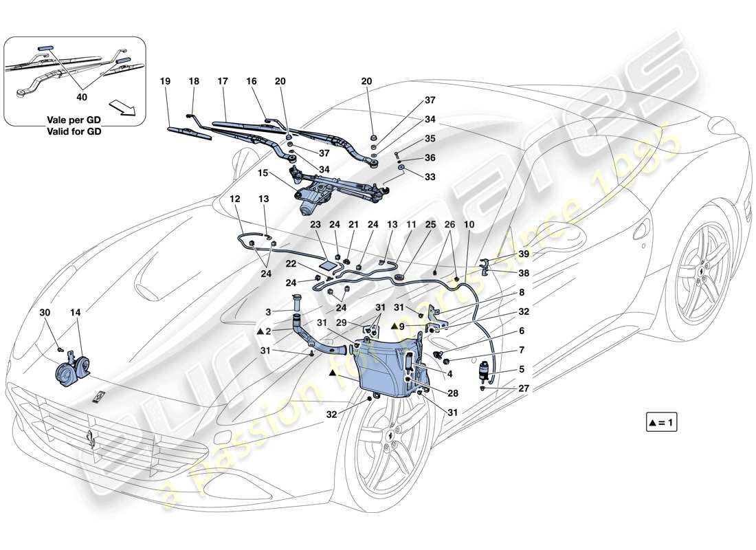 ferrari california t (rhd) limpiaparabrisas, arandela y bocina diagrama de piezas