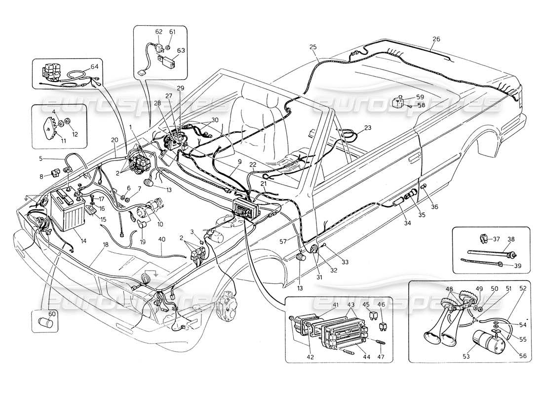 maserati biturbo spider diagrama de piezas del mazo de cables y componentes eléctricos (dirección izquierda)