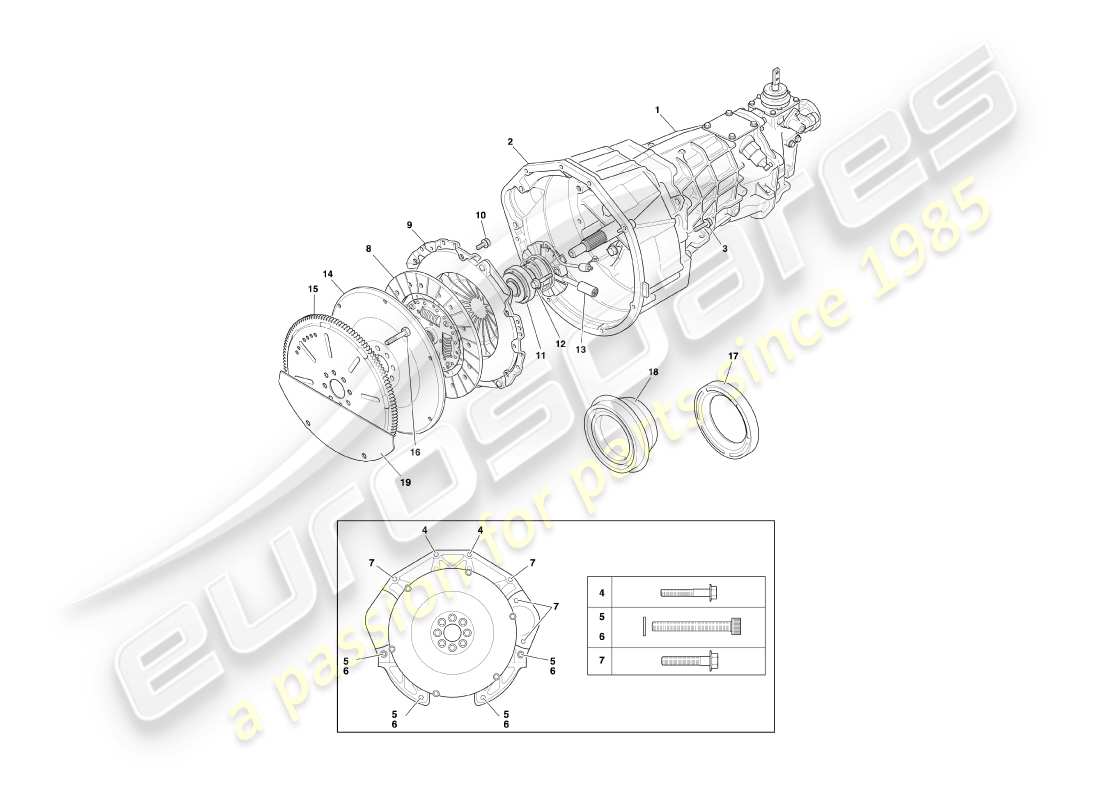 aston martin db7 vantage (1999) diagrama de piezas de caja de cambios manual y embrague