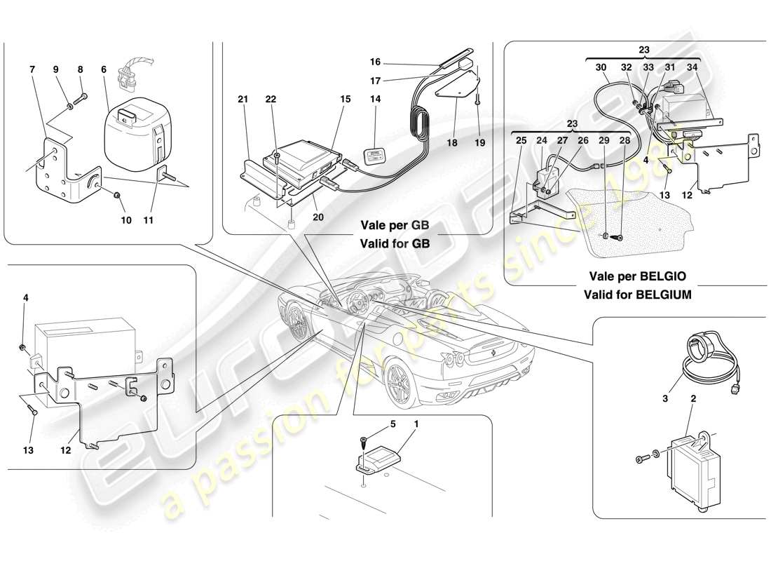 ferrari f430 spider (rhd) ecu y dispositivos del sistema antirrobo diagrama de piezas