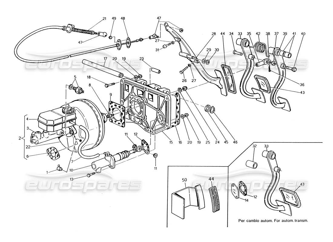 maserati 222 / 222e biturbo conjunto de pedal - bomba de embrague de refuerzo de freno para diagrama de piezas rhd