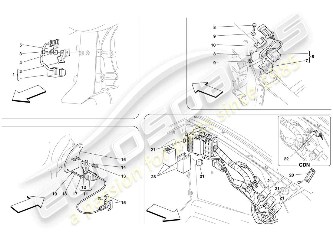 ferrari f430 spider (europe) ecu y sensores en el compartimiento delantero y en el compartimiento del motor diagrama de piezas