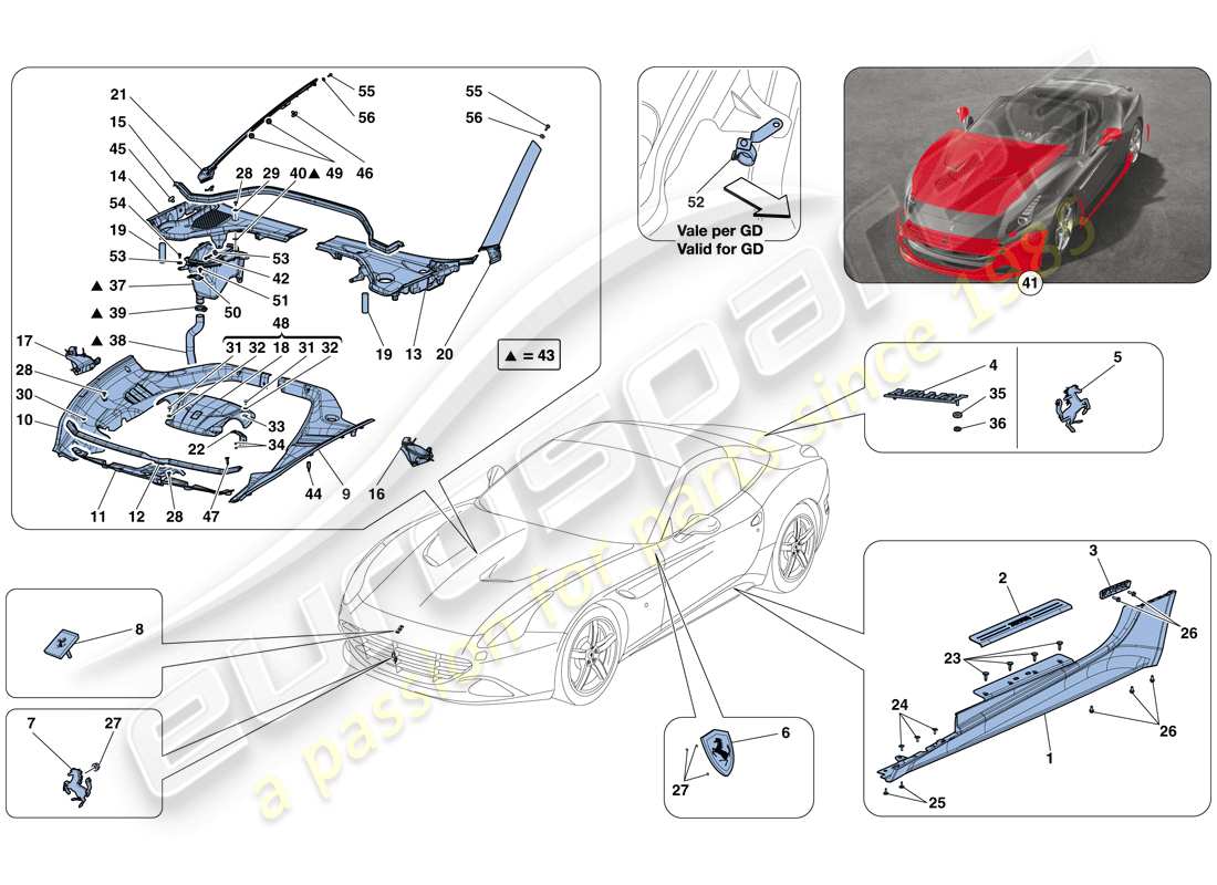 ferrari california t (rhd) protectores, acabado externo diagrama de piezas
