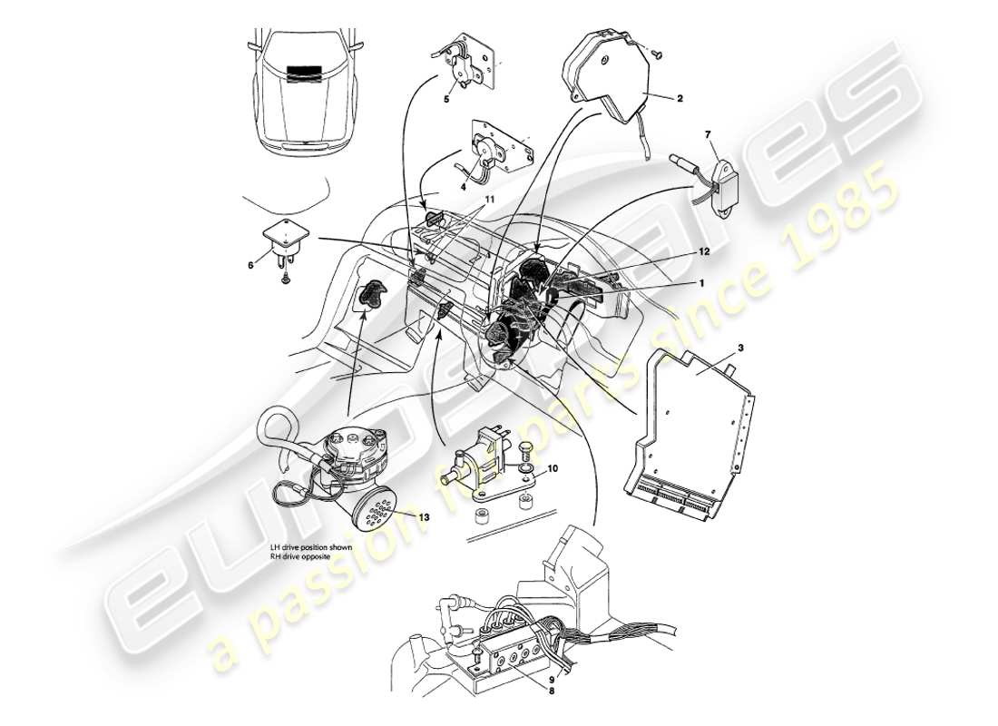aston martin v8 volante (1997) diagrama de piezas de sensores, interruptores, solenoides, motores, etc.