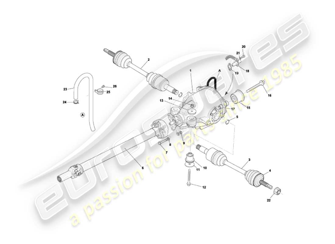 aston martin vanquish (2003) diagrama de piezas de conjunto de diferencial, transmisión y ejes de transmisión