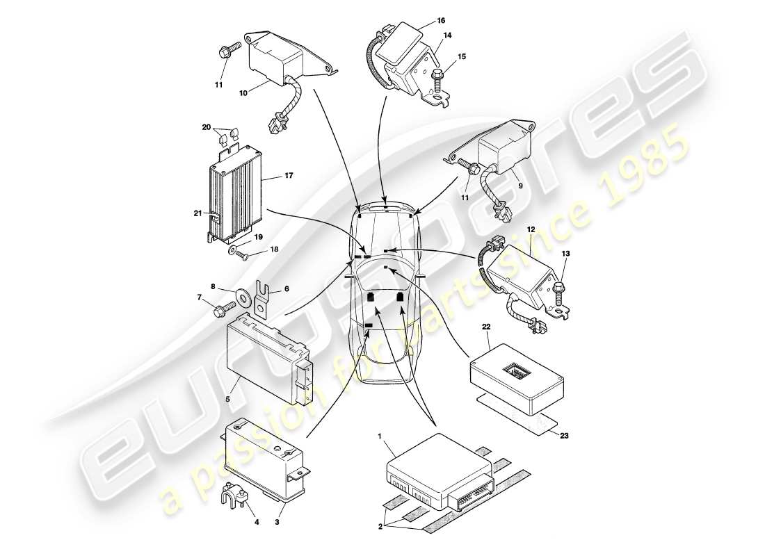 aston martin v8 coupe (2000) diagrama de piezas de los módulos de control electrónico