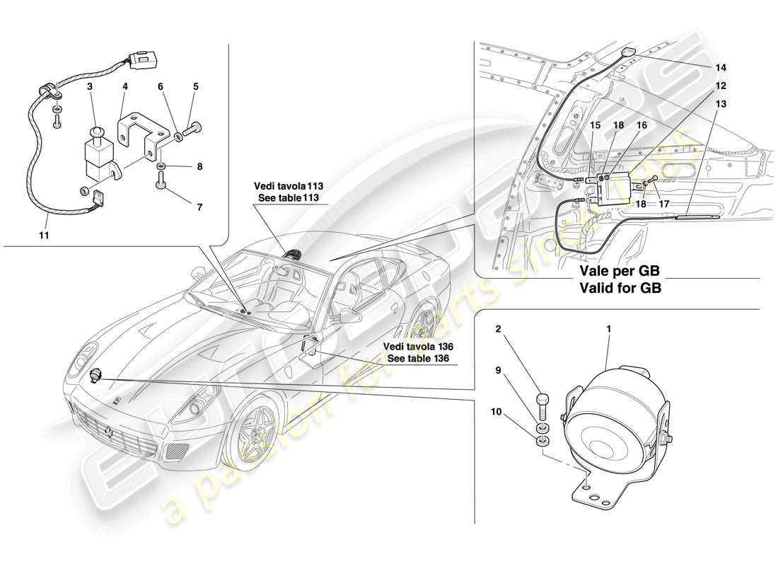 ferrari 599 gtb fiorano (rhd) ecu y dispositivos del sistema antirrobo diagrama de piezas