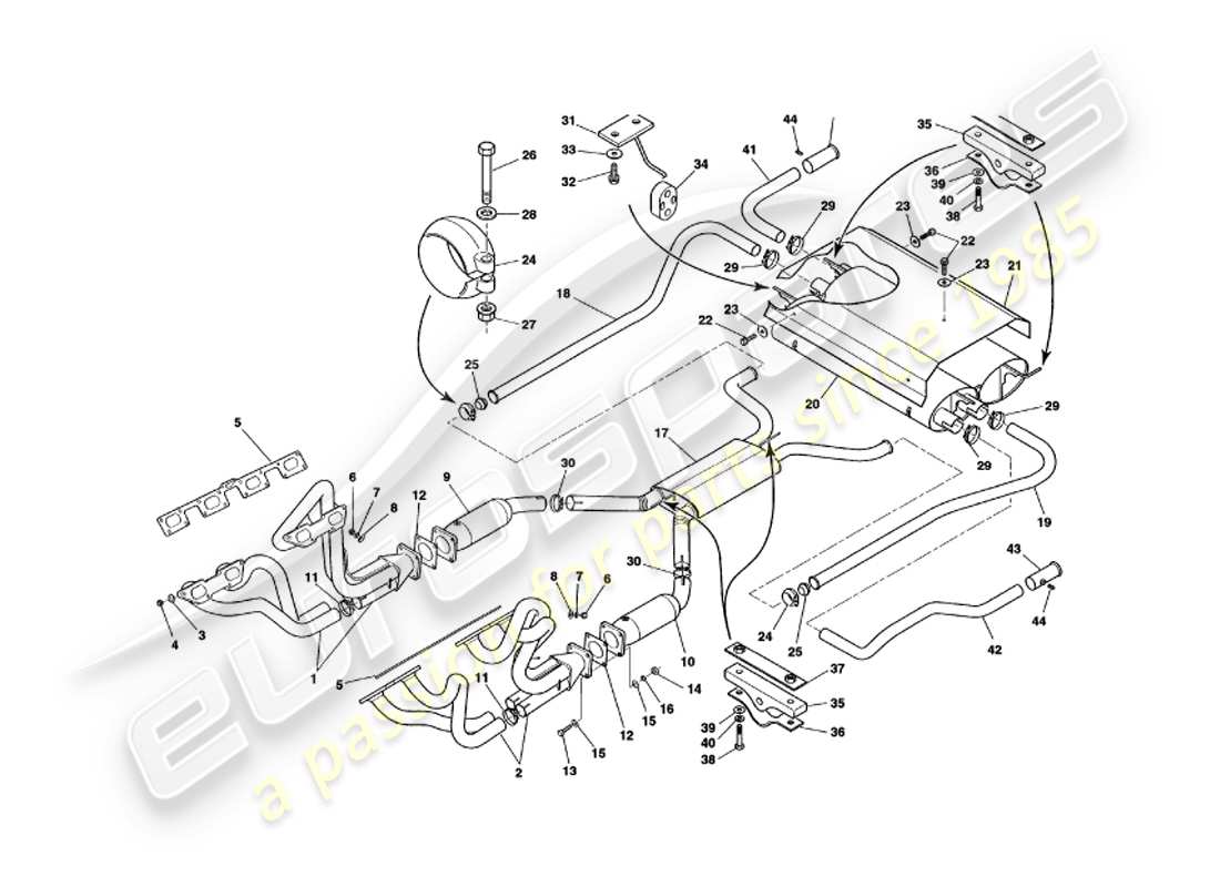 aston martin v8 volante (2000) sistema de escape diagrama de piezas