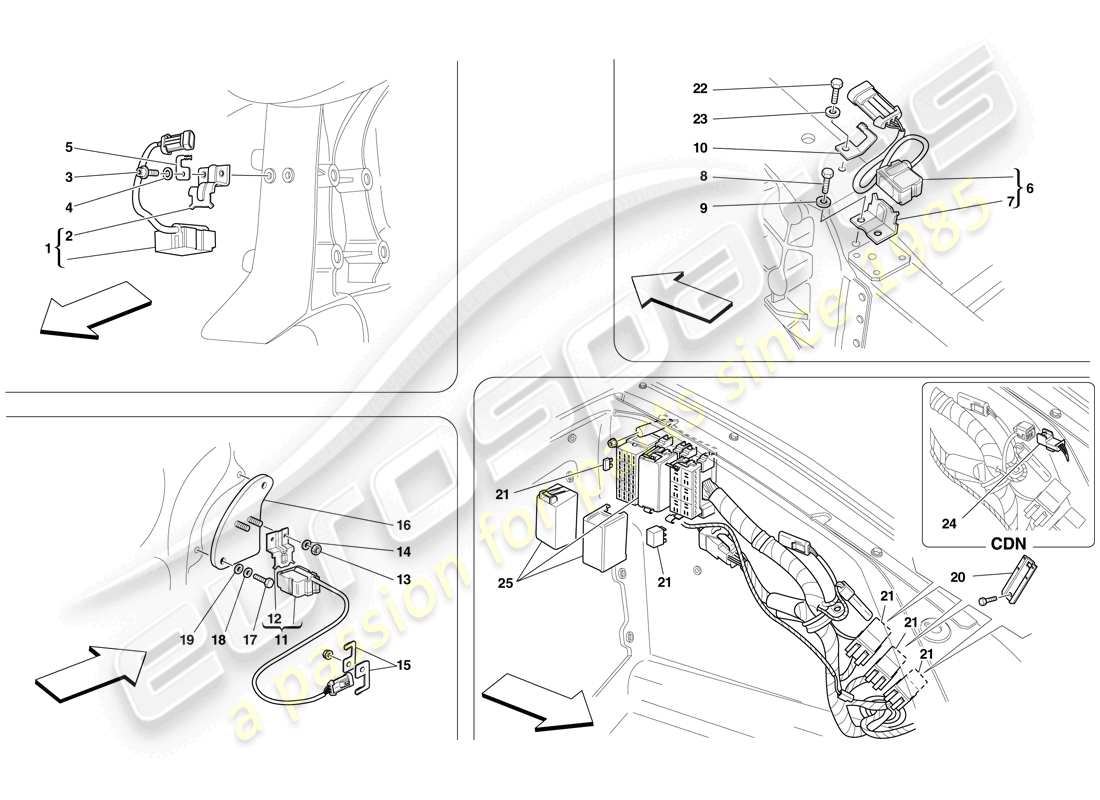 ferrari f430 scuderia (usa) ecu y sensores en el compartimiento delantero y en el compartimiento del motor diagrama de piezas