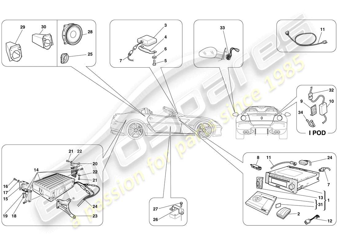 ferrari 599 sa aperta (rhd) sistema de alta fidelidad diagrama de piezas