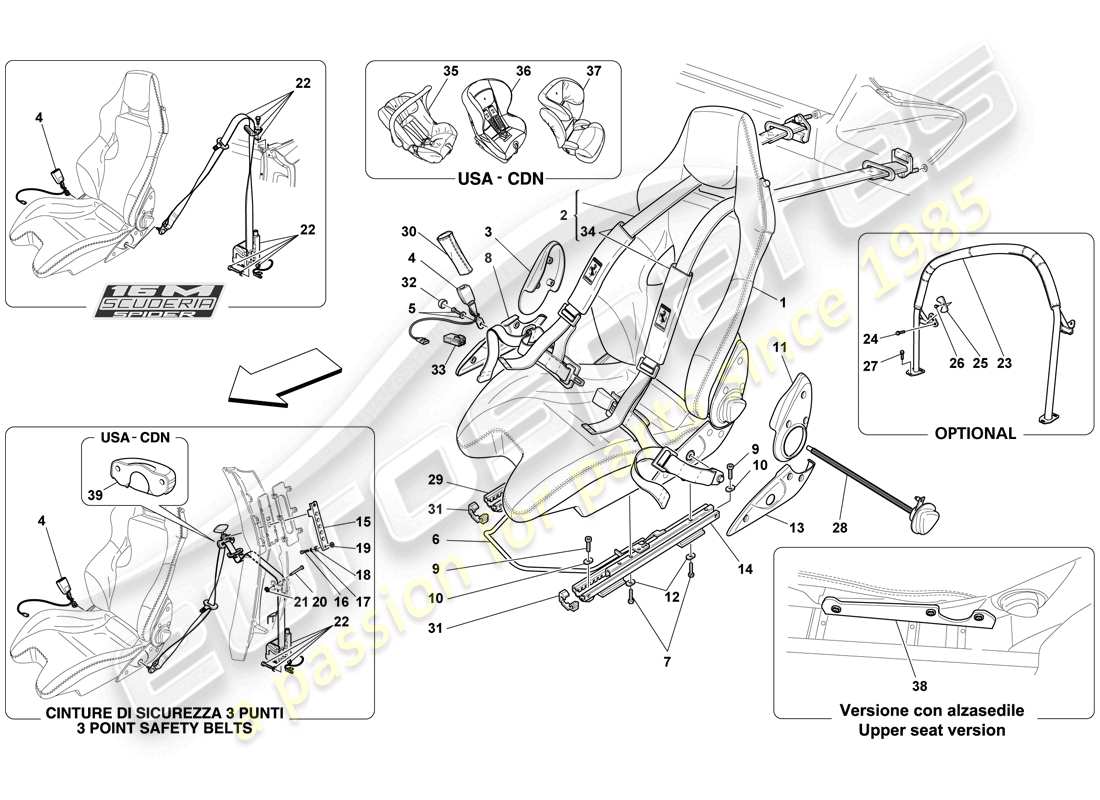 ferrari f430 scuderia spider 16m (rhd) arneses de asiento de puntos racing seat-4-barra antivuelco diagrama de piezas