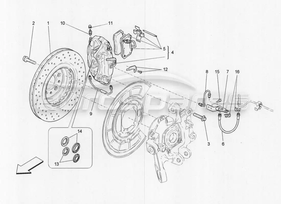 maserati qtp. v8 3.8 530bhp 2014 auto diagrama de piezas de los dispositivos de frenado en las ruedas traseras