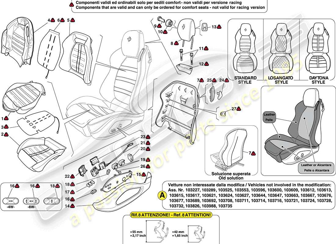 ferrari california (usa) asiento delantero - acabados y accesorios diagrama de piezas