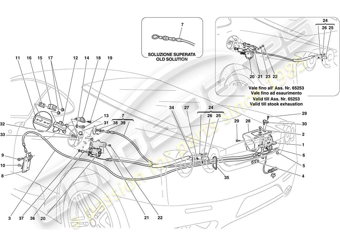 ferrari f430 coupe (europe) mecanismos de apertura de la tapa del compartimiento del motor y de la tapa de llenado de combustible diagrama de piezas