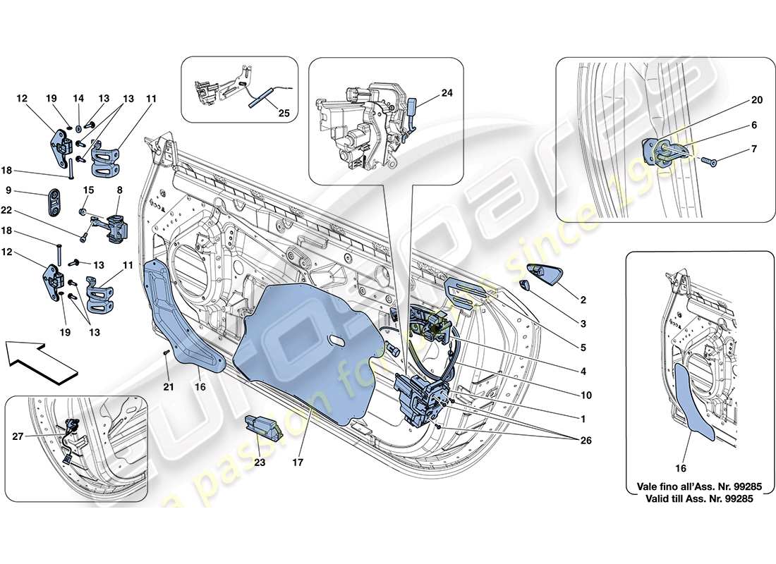 ferrari ff (usa) puertas - mecanismo de apertura y bisagras esquema de piezas