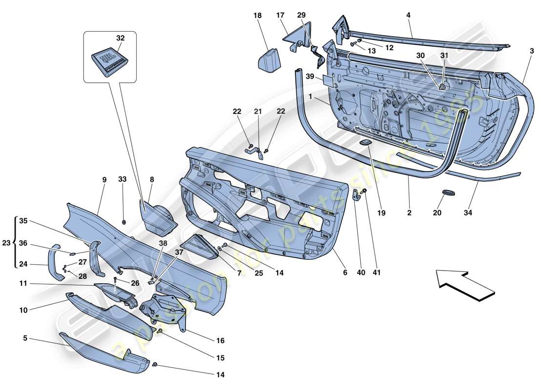 ferrari 458 spider (rhd) puertas - subestructura y acabados diagrama de piezas