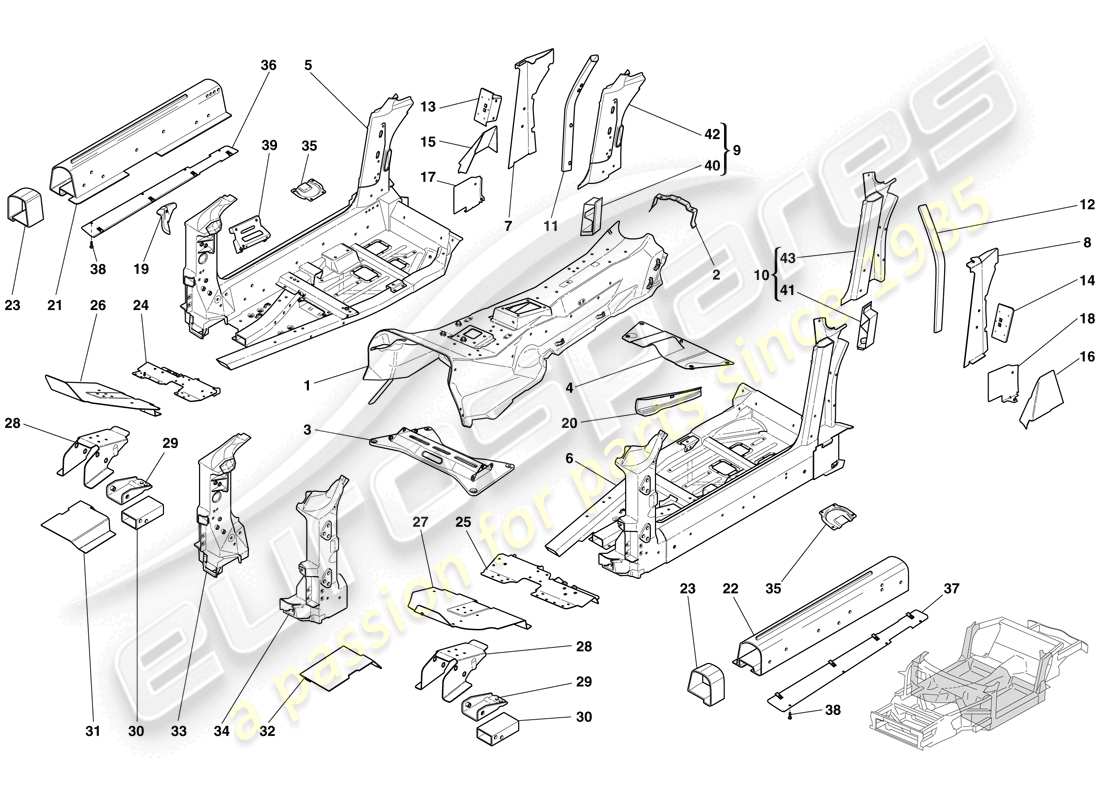 ferrari 612 scaglietti (europe) estructuras y elementos del centro del vehículo diagrama de partes