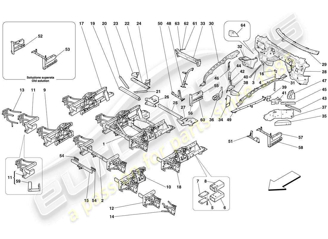 ferrari 599 gto (rhd) estructuras y elementos delantero del vehículo diagrama de piezas