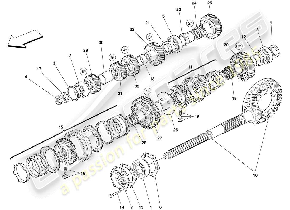 ferrari 612 sessanta (rhd) engranajes del eje de la caja de cambios secundario diagrama de piezas