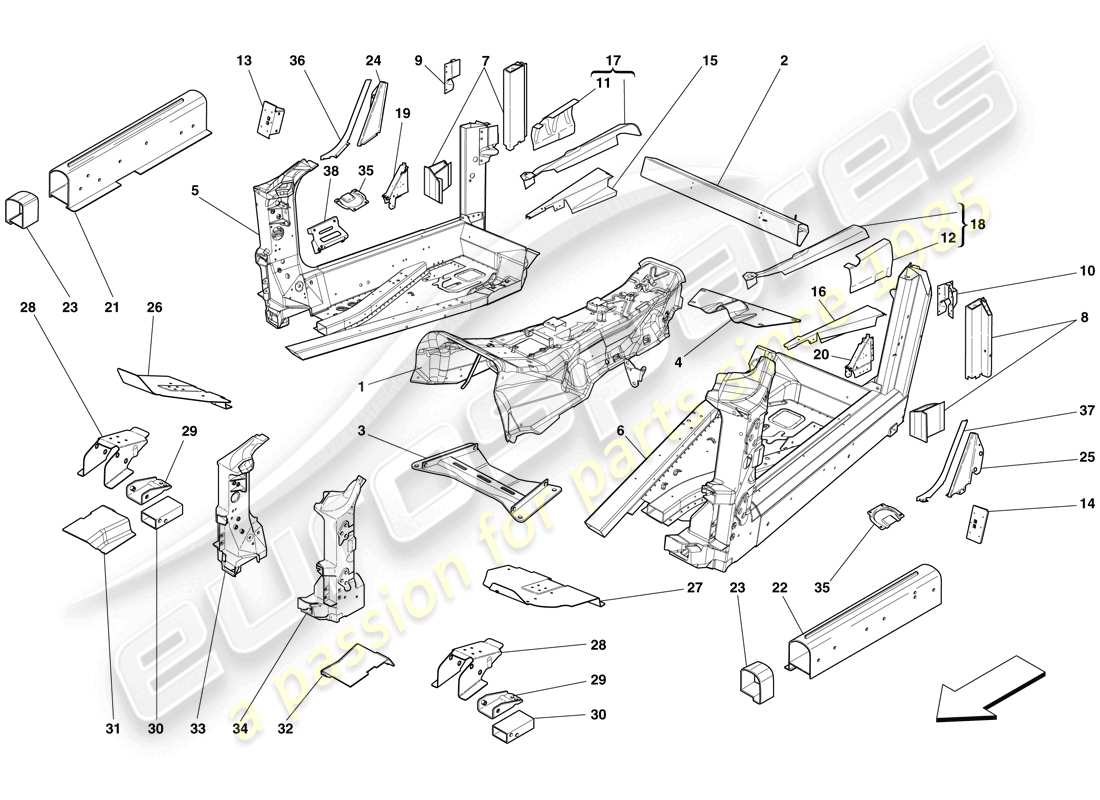 ferrari 599 gto (europe) estructuras y elementos del centro del vehículo diagrama de partes
