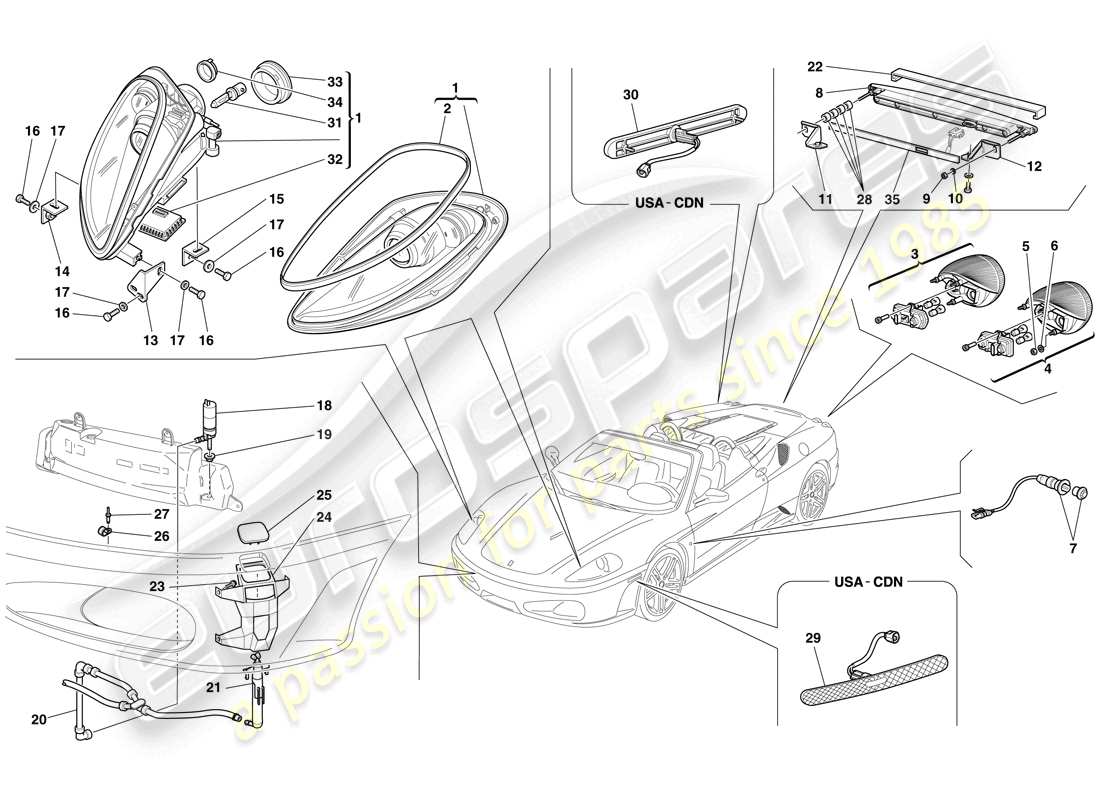 ferrari f430 spider (rhd) diagrama de piezas de faros y luces traseras