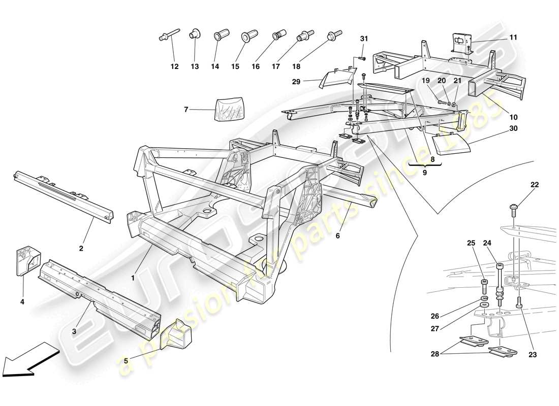 ferrari f430 spider (rhd) chasis - estructura, elementos traseros y paneles esquema de piezas