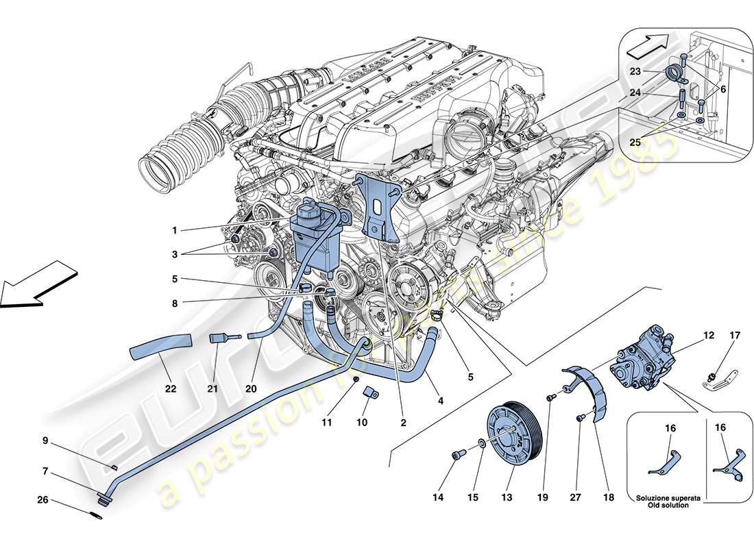 ferrari ff (europe) diagrama de piezas de la bomba de dirección asistida y depósito