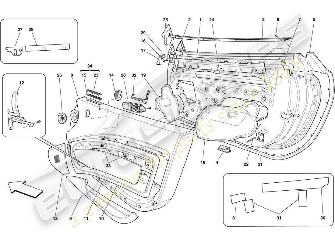 ferrari california (usa) puertas delanteras: diagrama de piezas de acabado