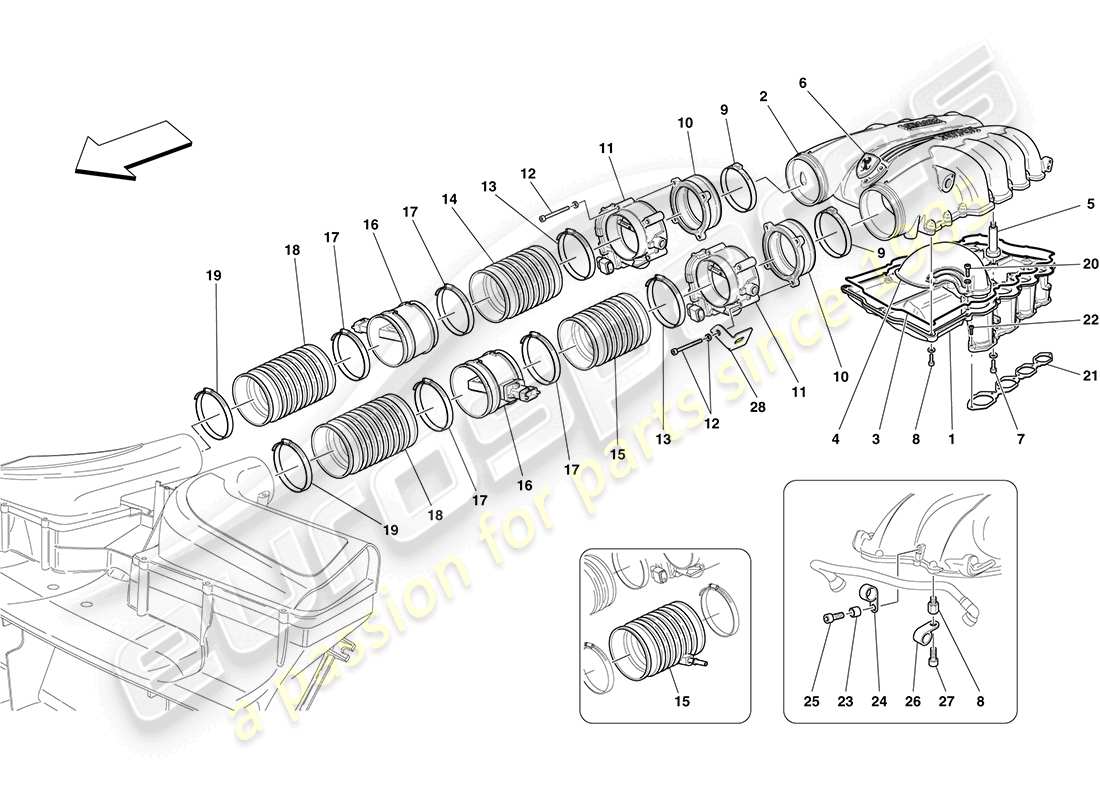 ferrari california (usa) diagrama de partes del colector de admisión y del cuerpo del acelerador