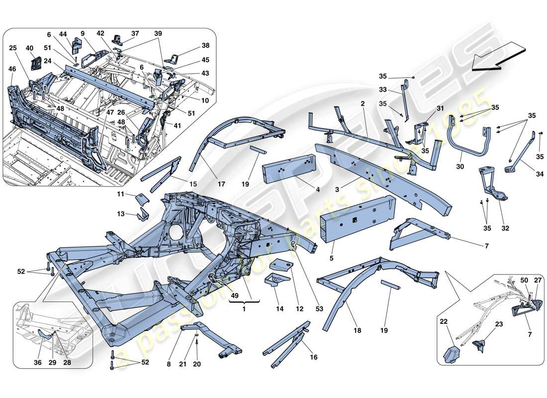 ferrari 458 spider (rhd) chasis - estructura, elementos traseros y paneles esquema de piezas