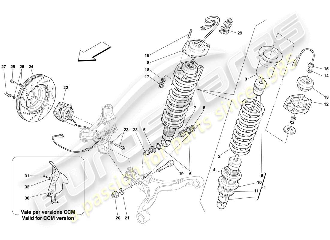 ferrari 612 scaglietti (usa) suspensión delantera - amortiguador y disco de freno diagrama de piezas